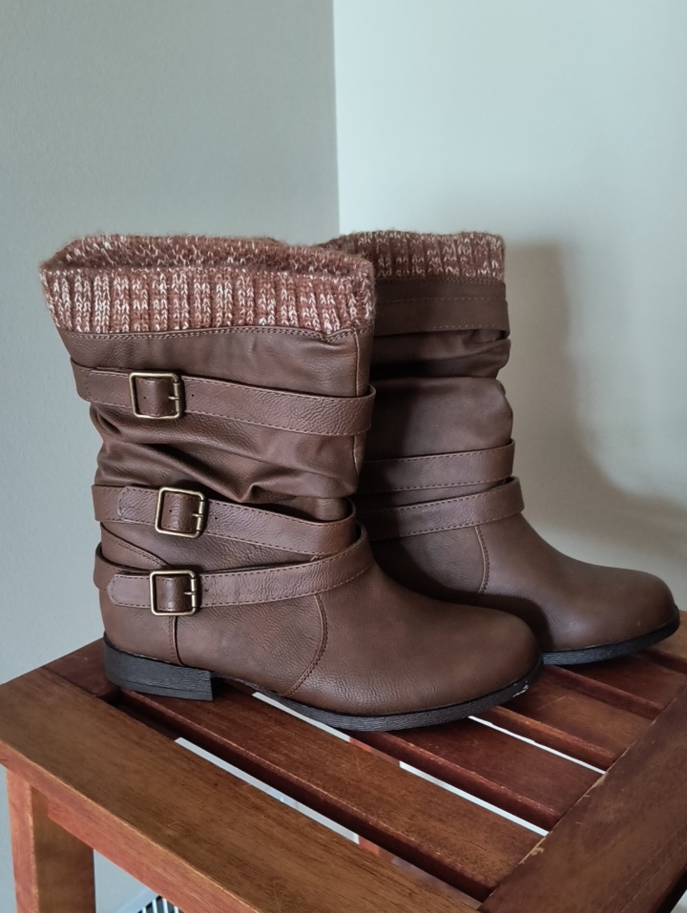 Nafise Brown Knit-Cuff Buckle Mid-Calf Boots